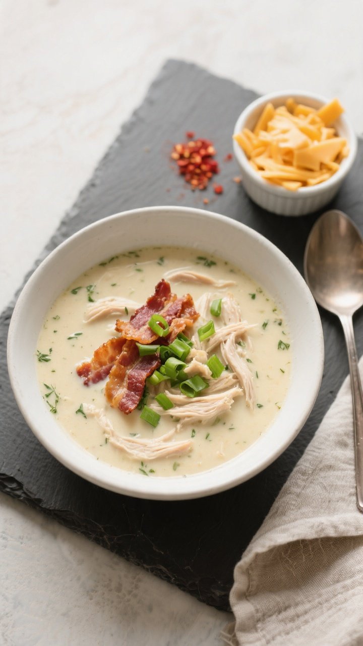 Final dish top view: Overhead hero shot of a deep white bowl filled with Keto Crockpot Chicken Bacon