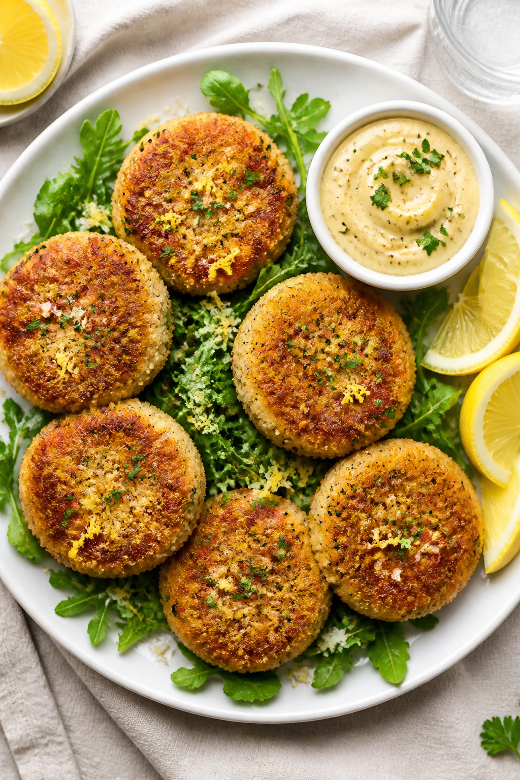 Final dish top view: Overhead shot of beautifully plated Crispy Garlic Parmesan Keto Salmon Patties 