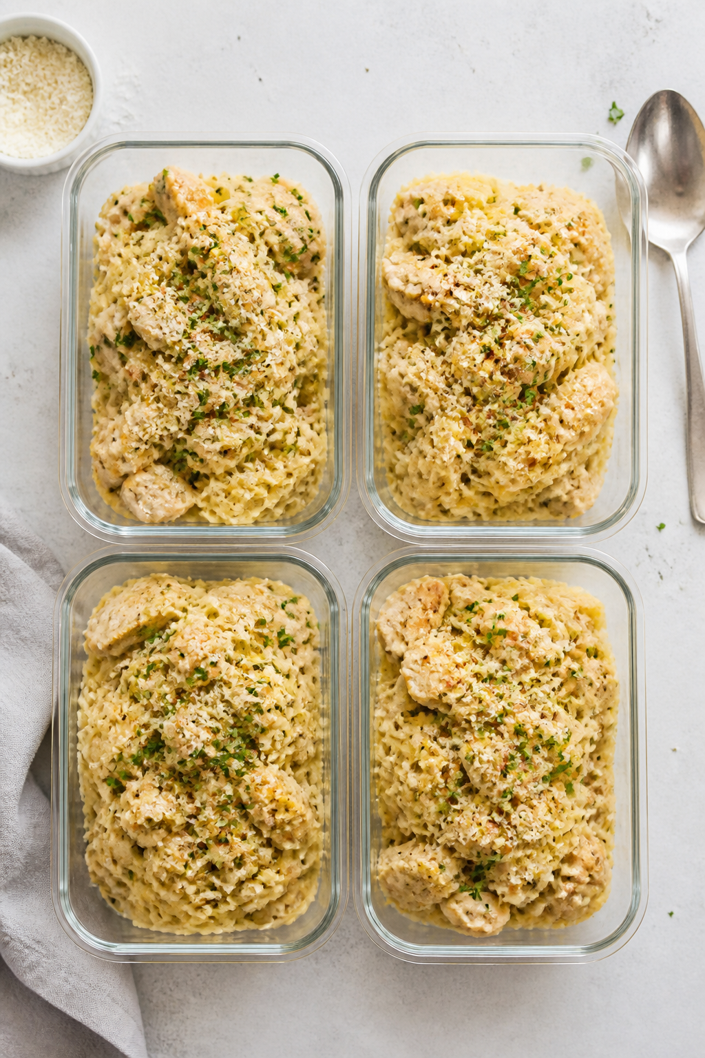 Final dish, top view: Overhead shot of Keto Chicken Alfredo Spaghetti Squash meal prep portions—4 