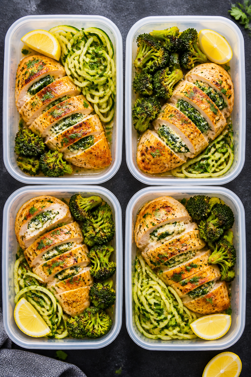 Final dish top view: Overhead shot of meal-prep containers neatly portioned—one halved creamy spin