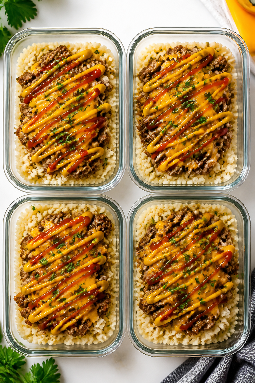 Final meal-prep presentation: Tasty top view of four meal-prep containers neatly arranged, each with