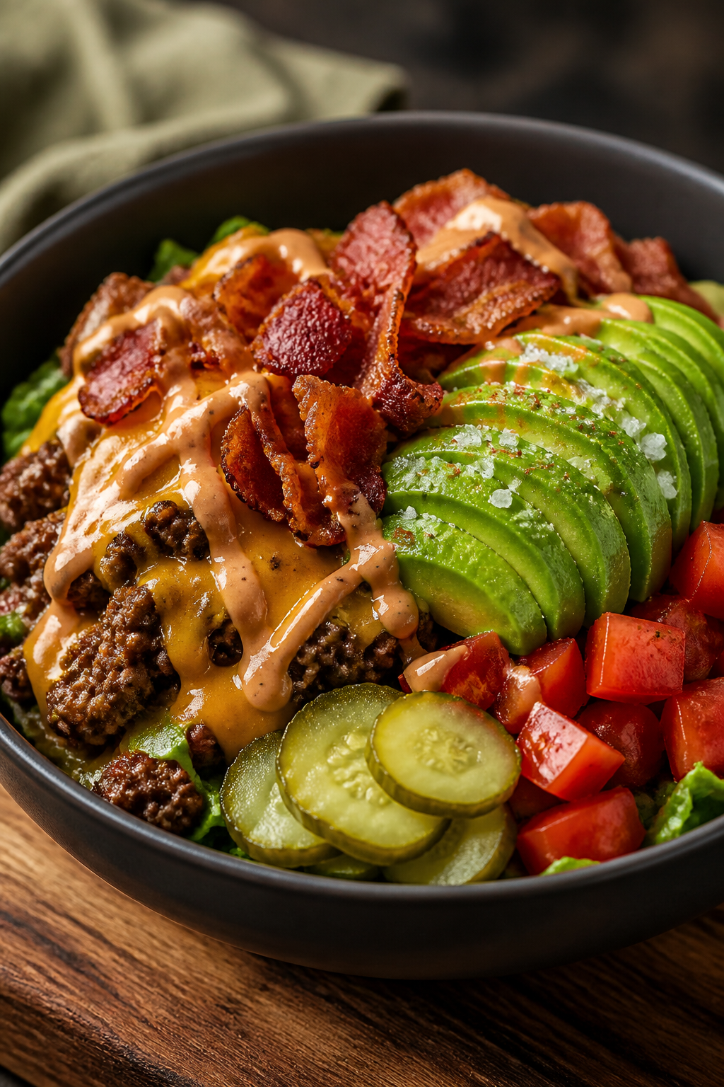 Final plated beauty: Restaurant-quality single bowl hero shot at 45 degrees—lush pile of melted-ch