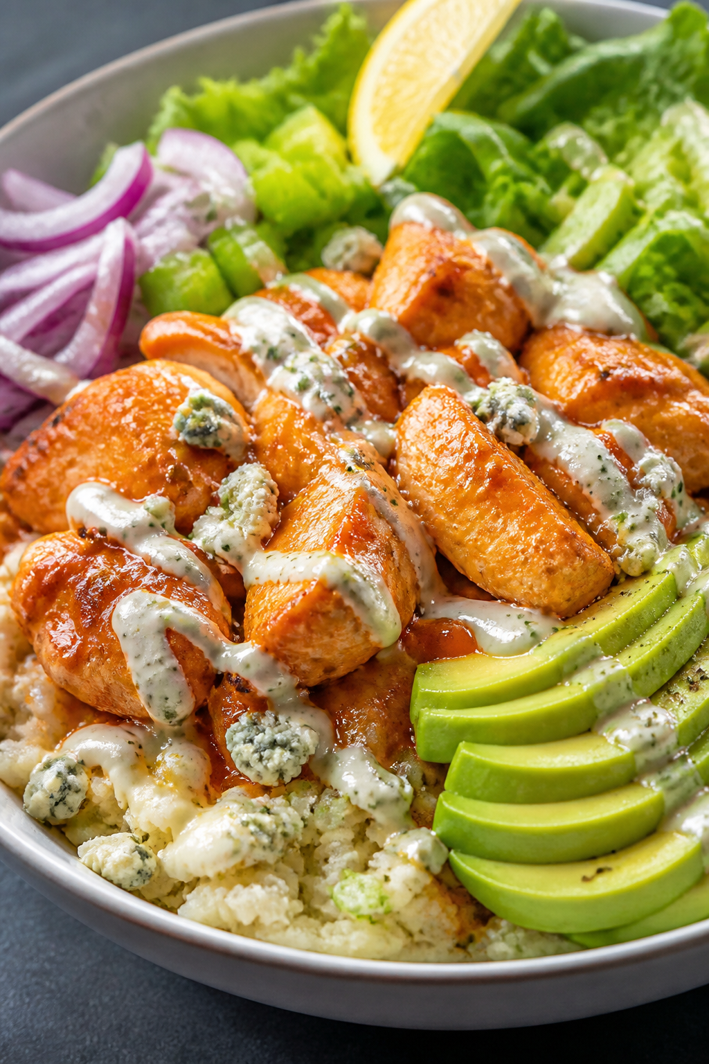 Final plated beauty shot (close-up detail): Fully assembled buffalo ranch chicken bowl with emphasis