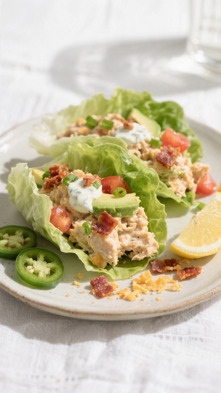 Final plated beauty shot: Easy Crack Chicken Lettuce Wraps assembled in buttery green lettuce cups o