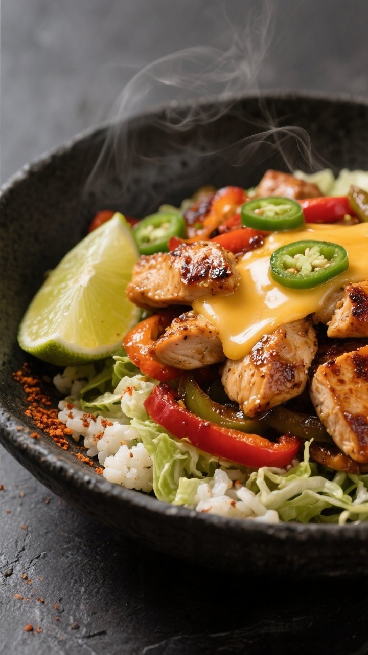 Final plated beauty shot: Restaurant-quality chicken fajita bowl on dark stoneware, chicken and smok