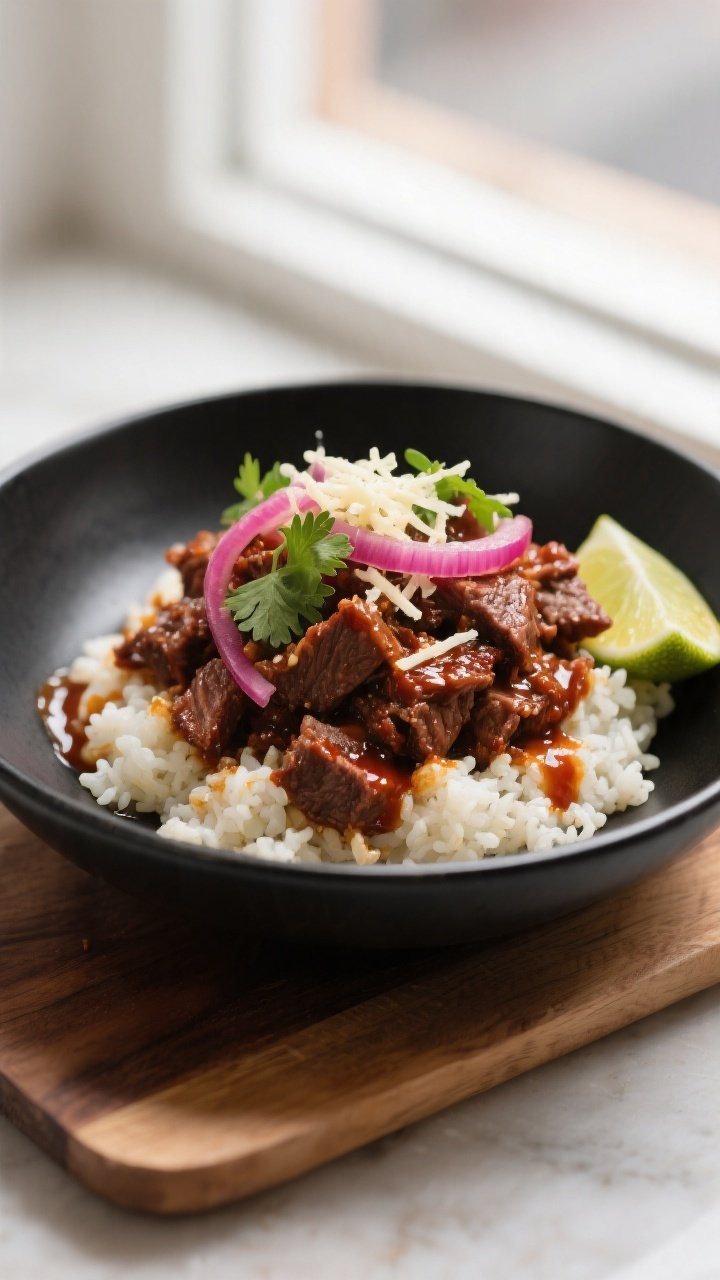 Final plated bowl: Beautifully plated keto beef bowl over fluffy cauliflower rice, generous mound of