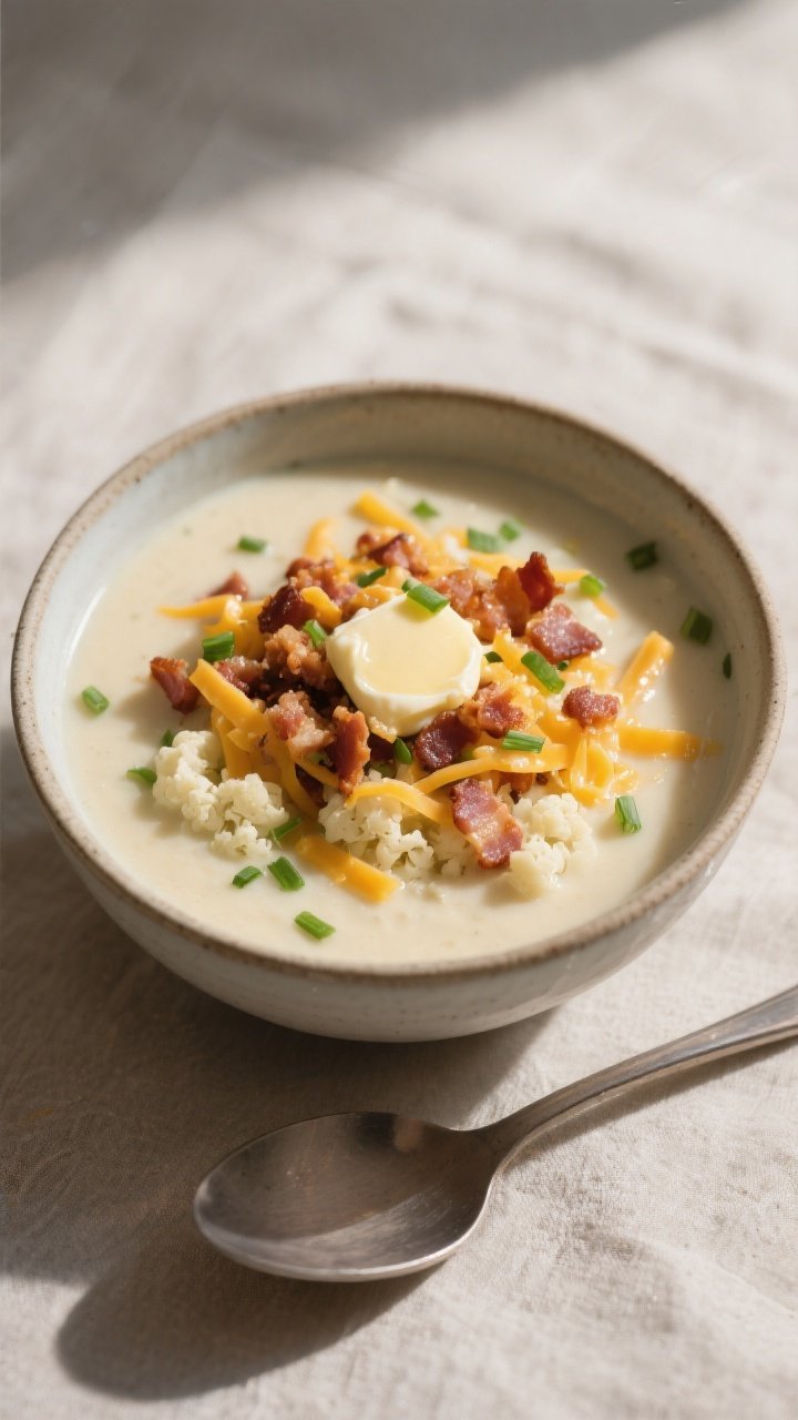 Final plated bowl beauty: A deep ceramic bowl of keto loaded cauliflower soup, ultra-smooth and crea