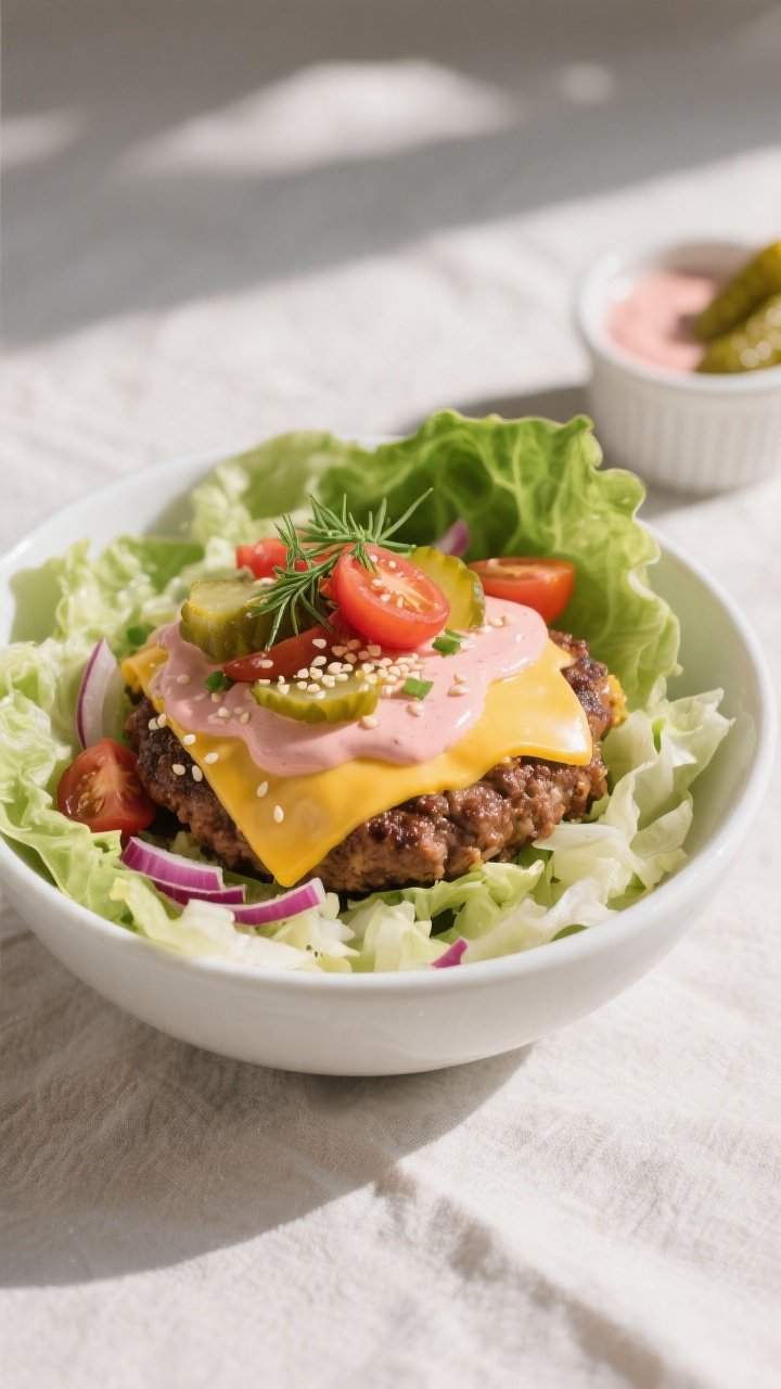 Final plated bowl beauty shot: Cheeseburger lettuce wrap bowl composed with a bed of crisp chopped r