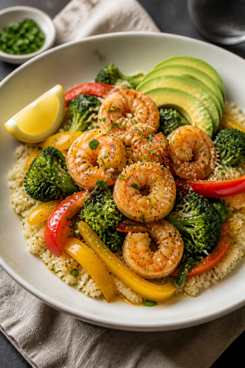 Final plated bowl beauty shot: Healthy Keto Garlic Butter Shrimp Bowl assembled in a matte white sha
