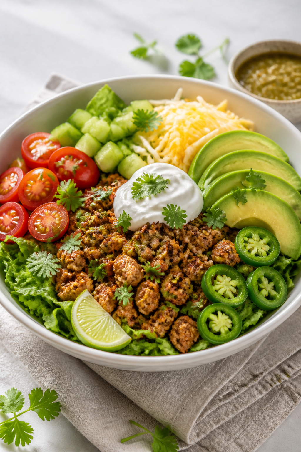 Final plated bowl beauty shot: Healthy Keto Turkey Taco Bowl layered over crisp chopped romaine, top
