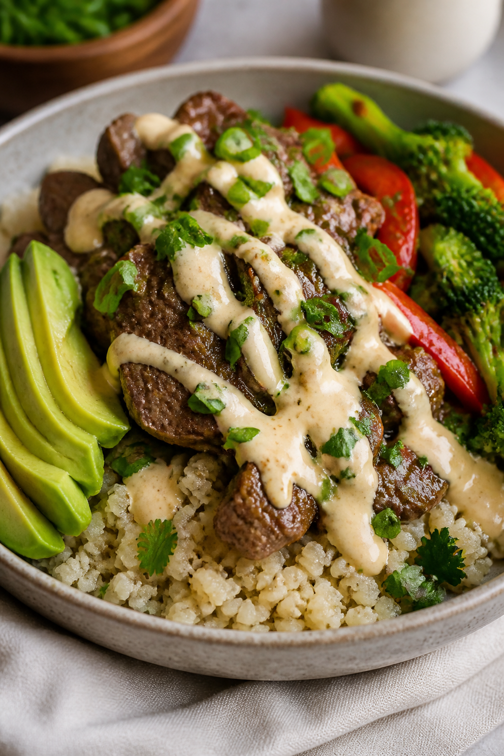 Final plated bowl, close-up detail: A single restaurant-style keto beef bowl in a wide, shallow cera