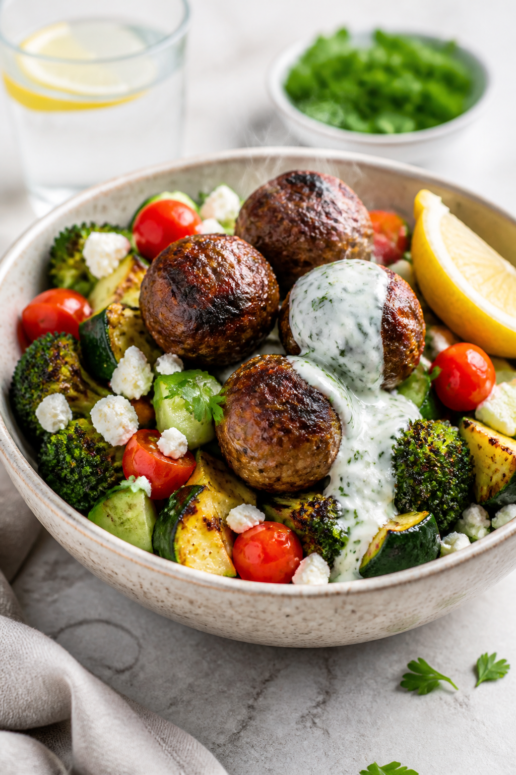 Final plated bowl hero shot, three-quarter angle: a single ceramic bowl piled with charred broccoli 