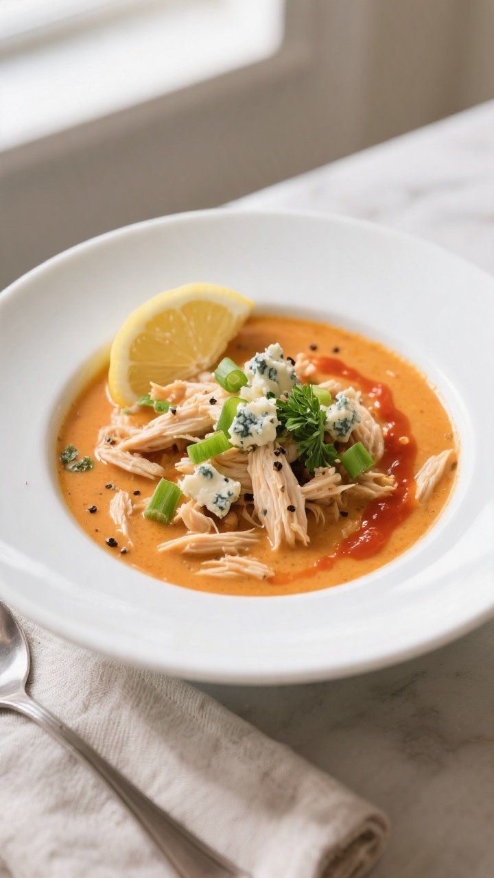 Final plated bowl: Restaurant-quality presentation of Keto Crockpot Creamy Buffalo Chicken Soup in a