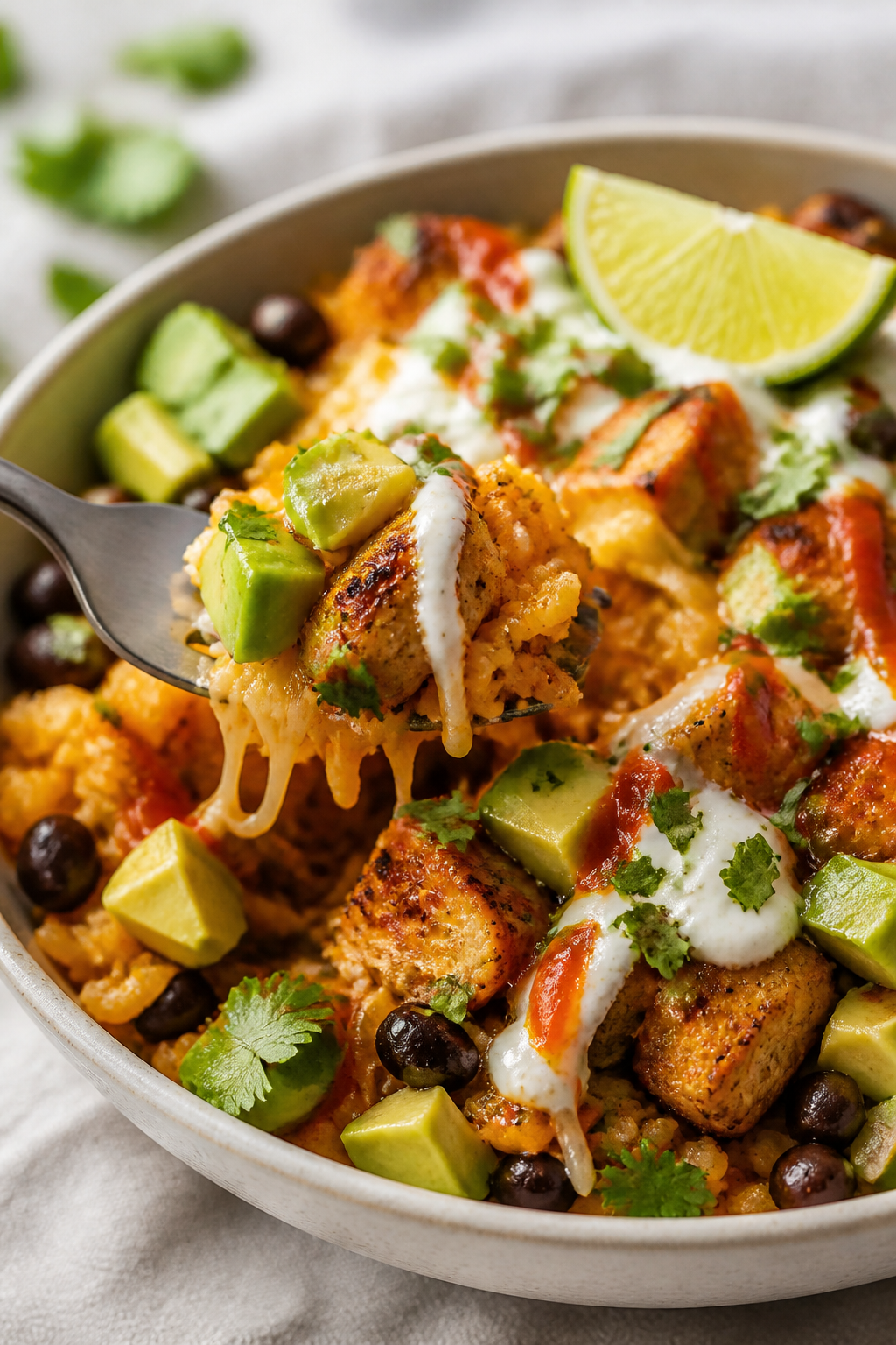 Final plated detail: Close-up of the finished burrito bowl with emphasis on texture—fork lifting a