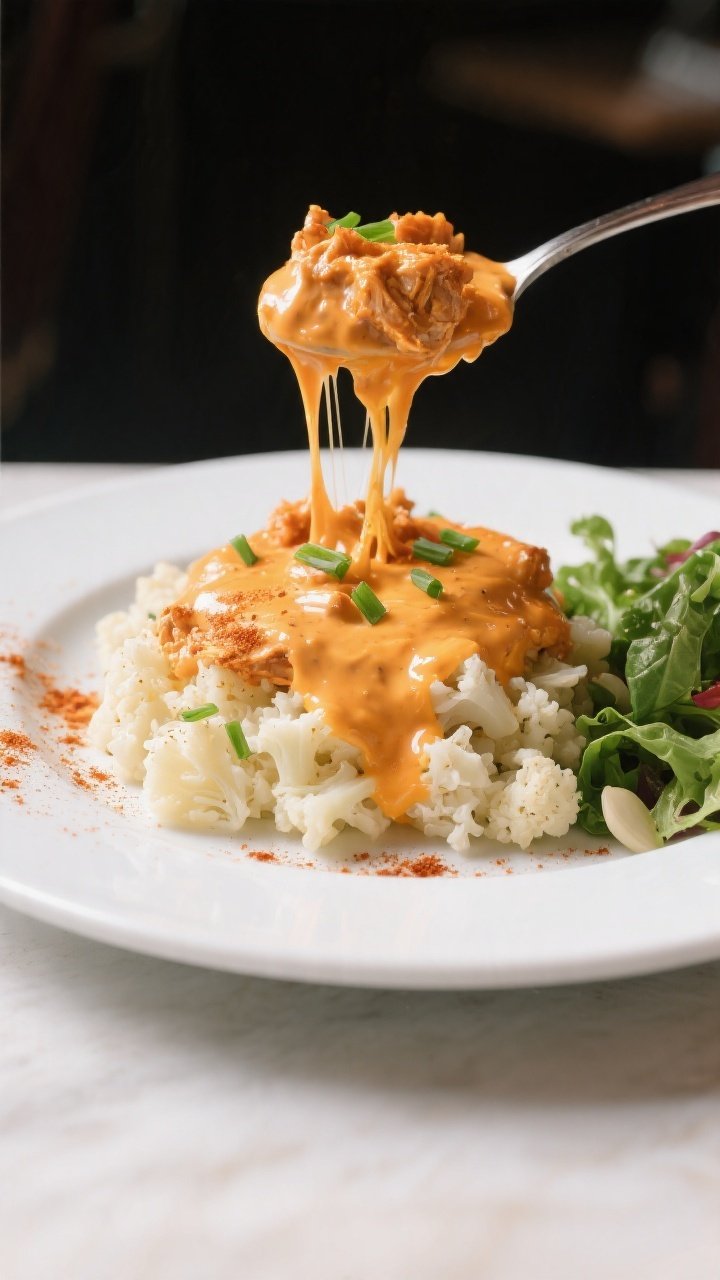 Final plated dinner: Restaurant-quality presentation of a generous scoop of creamy buffalo chicken d