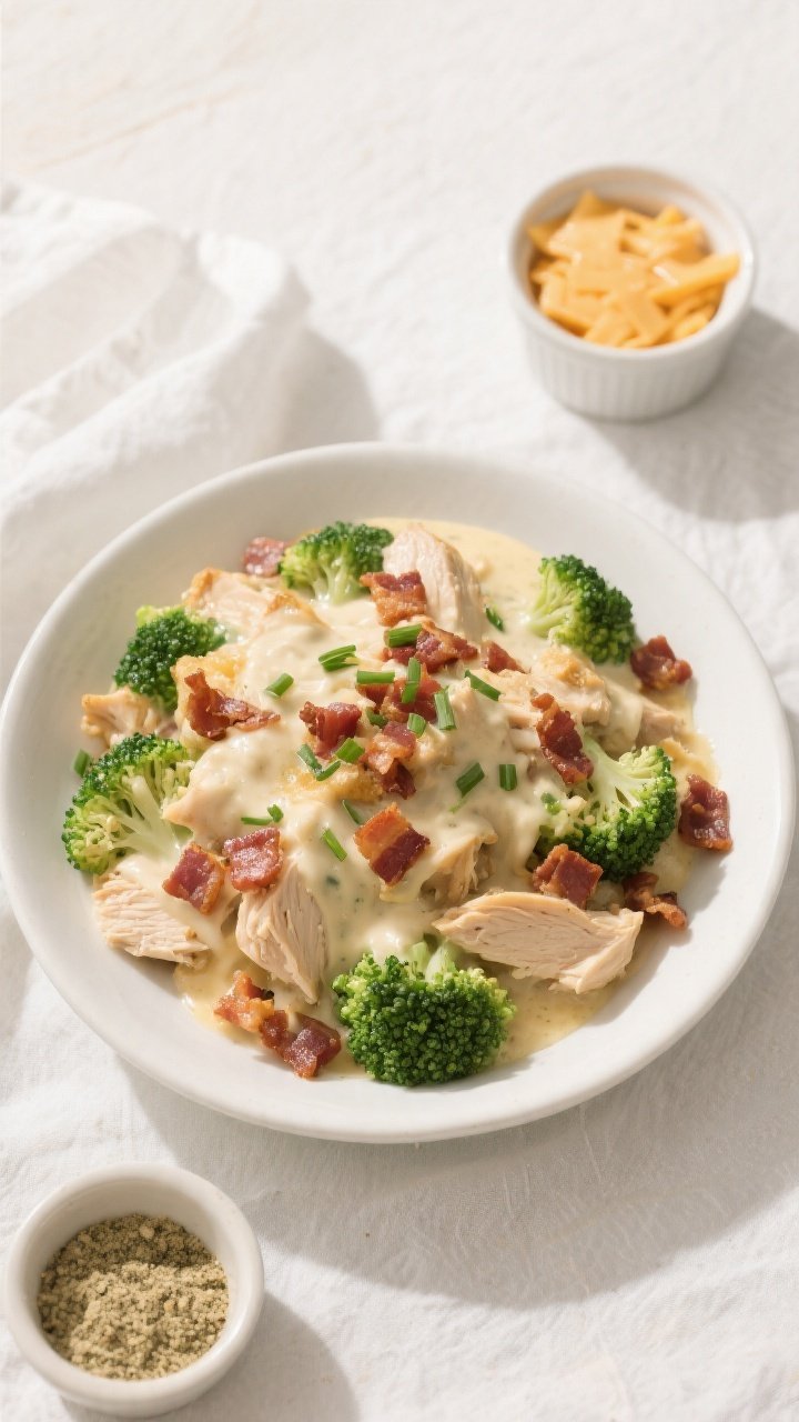Final plated dish: A generous serving of keto chicken bacon ranch casserole plated in a shallow whit