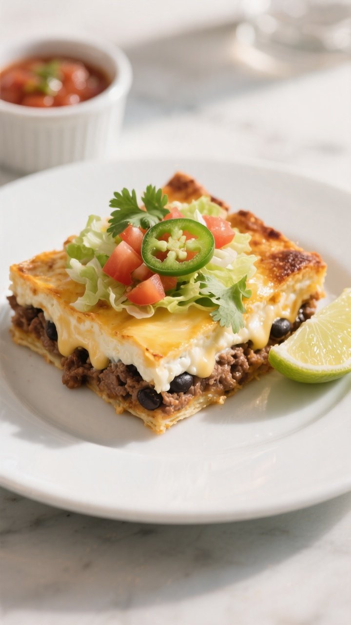 Final plated dish: A neatly sliced square of Cream Cheese Taco Bake on a matte white plate, showing 