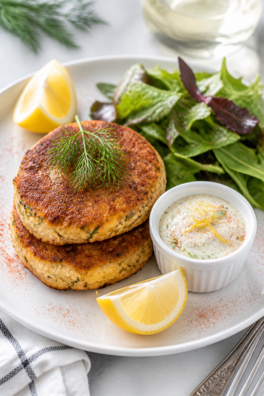 Final plated dish: Beautifully plated Cream Cheese Keto Salmon Patties stacked slightly offset on a 