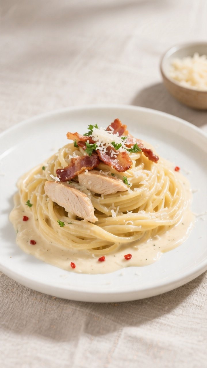 Final plated dish: Beautifully plated Creamy Chicken Bacon Alfredo twirled high on a white shallow b