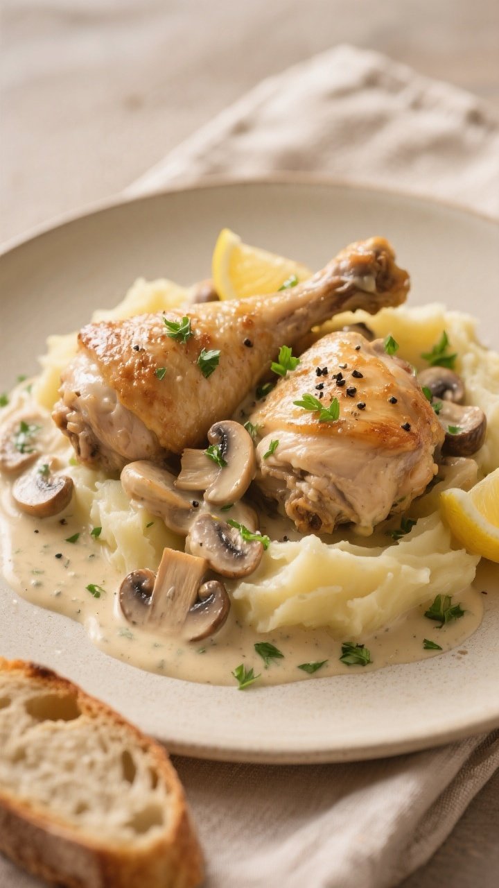 Final plated dish: Beautifully plated Creamy Mushroom Garlic Chicken Thighs served over buttery mash