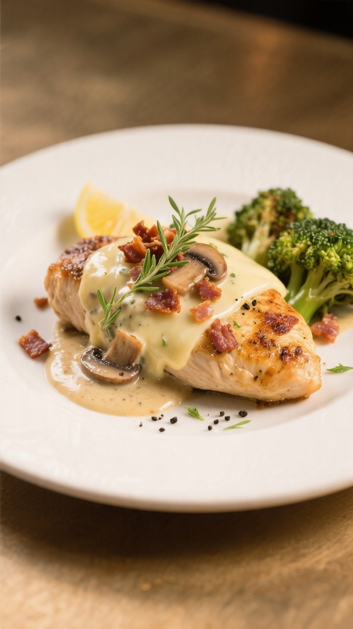 Final plated dish: Beautifully plated Keto Bacon Mushroom Swiss Chicken—juicy chicken breast toppe