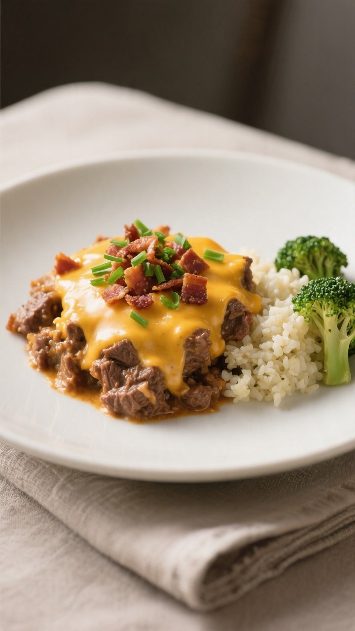 Final plated dish: Beautifully plated scoop of the creamy, cheesy beef casserole on a matte white sh