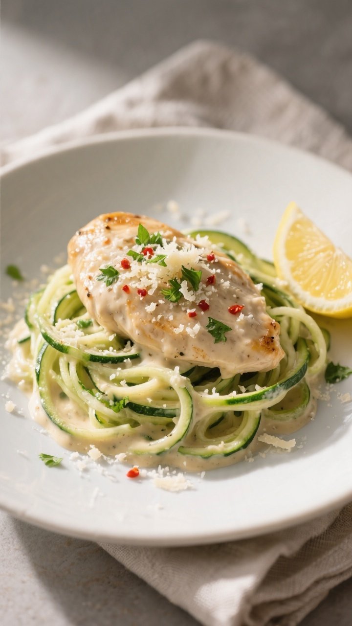 Final plated dish beauty: Creamy Keto Garlic Parmesan Chicken elegantly plated over twirled zucchini