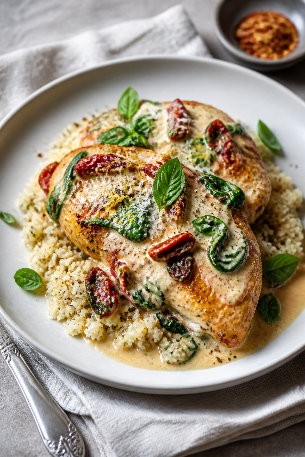 Final plated dish beauty: Creamy Tuscan Chicken elegantly plated over garlicky cauliflower rice on a