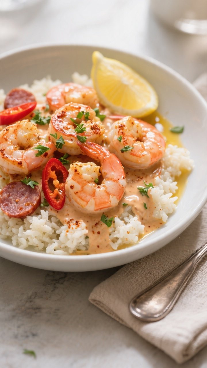 Final plated dish beauty: Keto Crockpot Creamy Cajun Shrimp elegantly served in a wide, shallow whit
