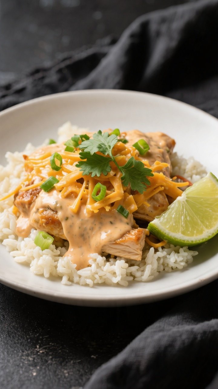 Final plated dish beauty: Keto Crockpot Pepper Jack Chicken piled over fluffy cauliflower rice in a 