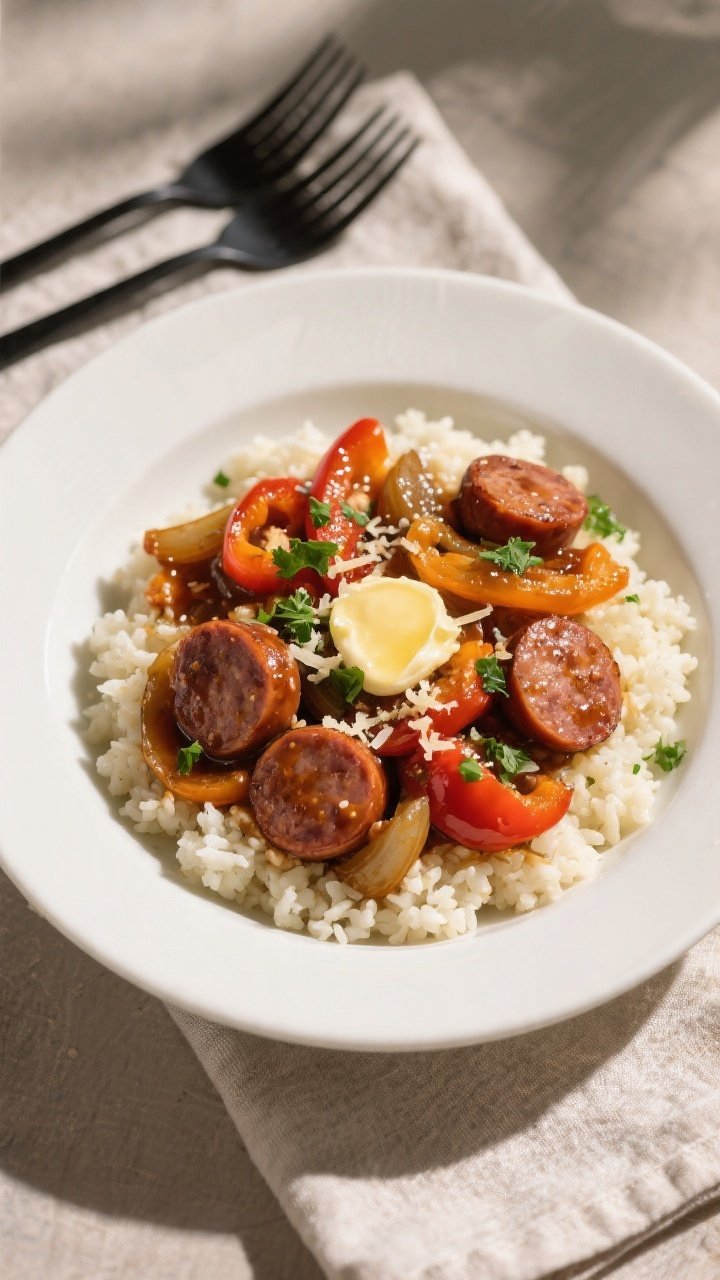 Final plated dish beauty: Keto Crockpot Smoky Sausage & Peppers served in a wide, shallow white bowl