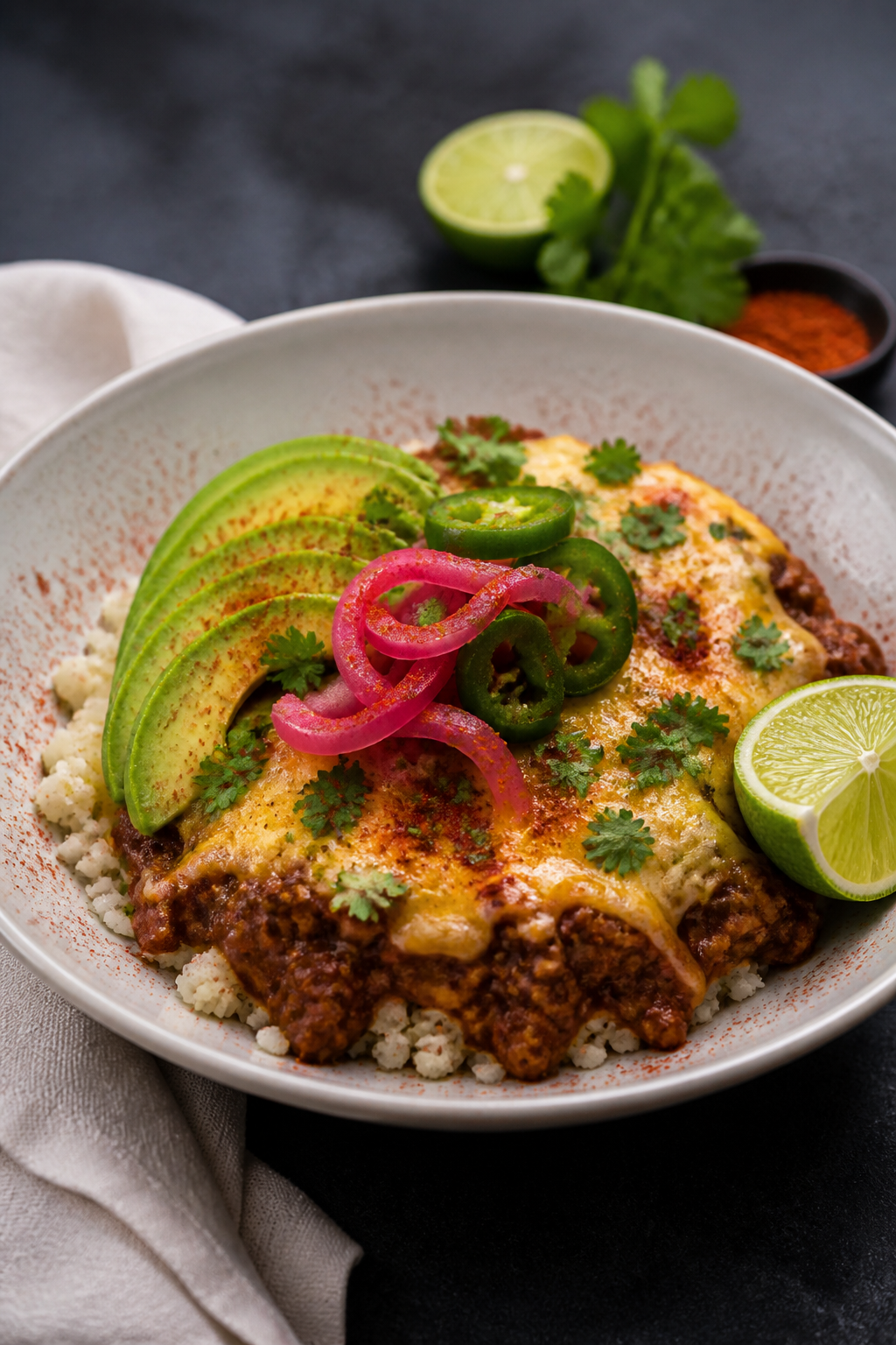 Final plated dish beauty: Restaurant-quality Keto Beef Enchilada Bowl presented in a matte white sha