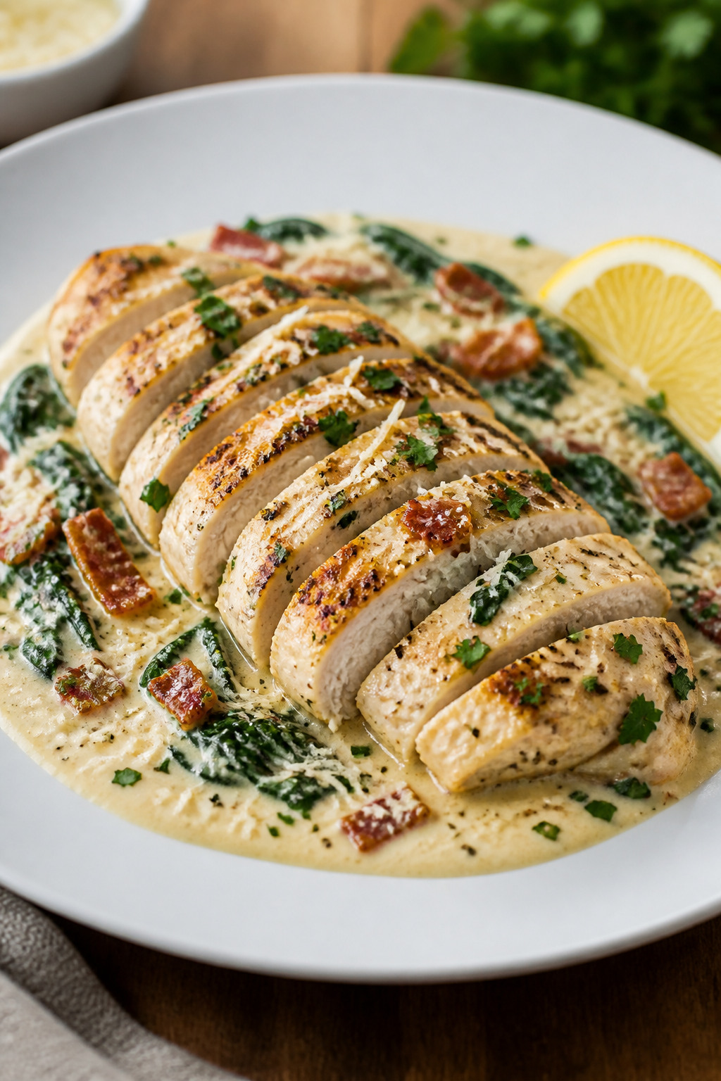 Final plated dish beauty: Restaurant-quality plate of creamy keto chicken and spinach, sliced chicke