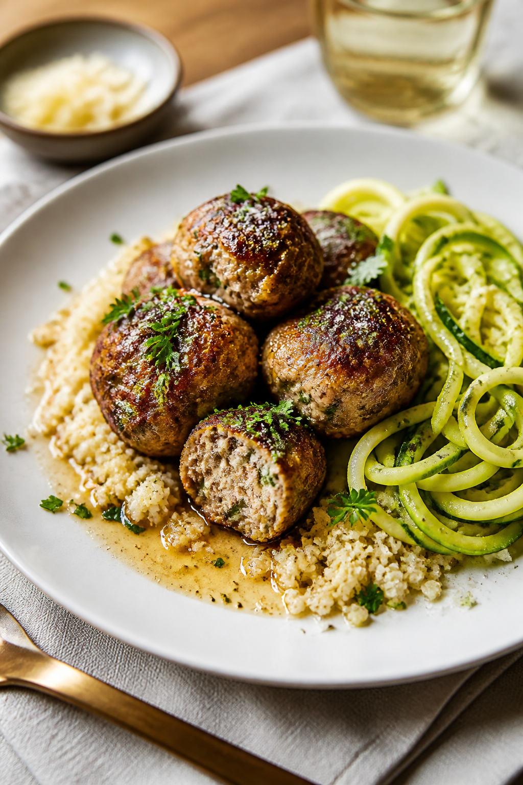 Final plated dish beauty: Restaurant-quality presentation of keto garlic butter meatballs stacked on