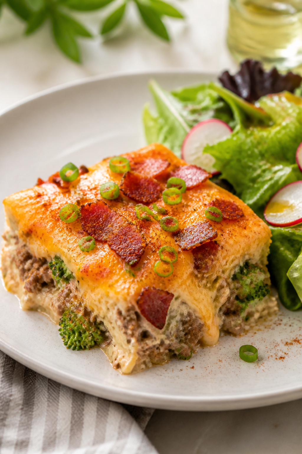 Final plated dish beauty: Restaurant-quality presentation of a generous square of Keto Crack Beef Ca