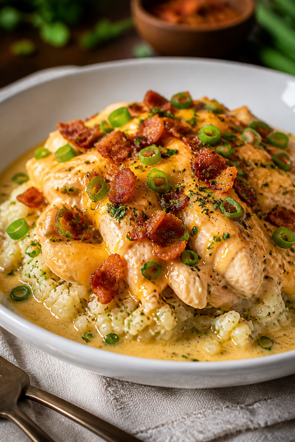 Final plated dish beauty: Restaurant-quality presentation of Keto Crack Chicken mounded on a shallow
