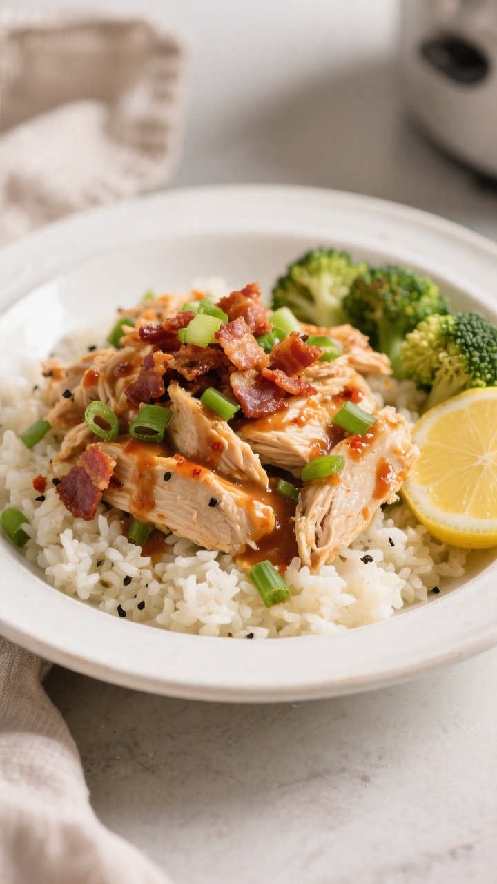 Final plated dish beauty shot: Keto Crockpot Crack Chicken mounded over fluffy cauliflower rice in a