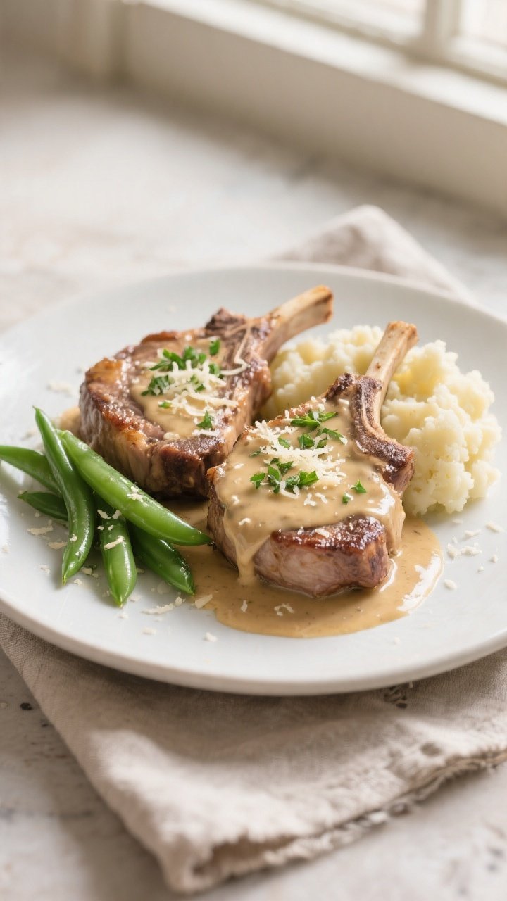 Final plated dish beauty shot: Two bone-in pork chops plated on a matte white dinner plate, generous