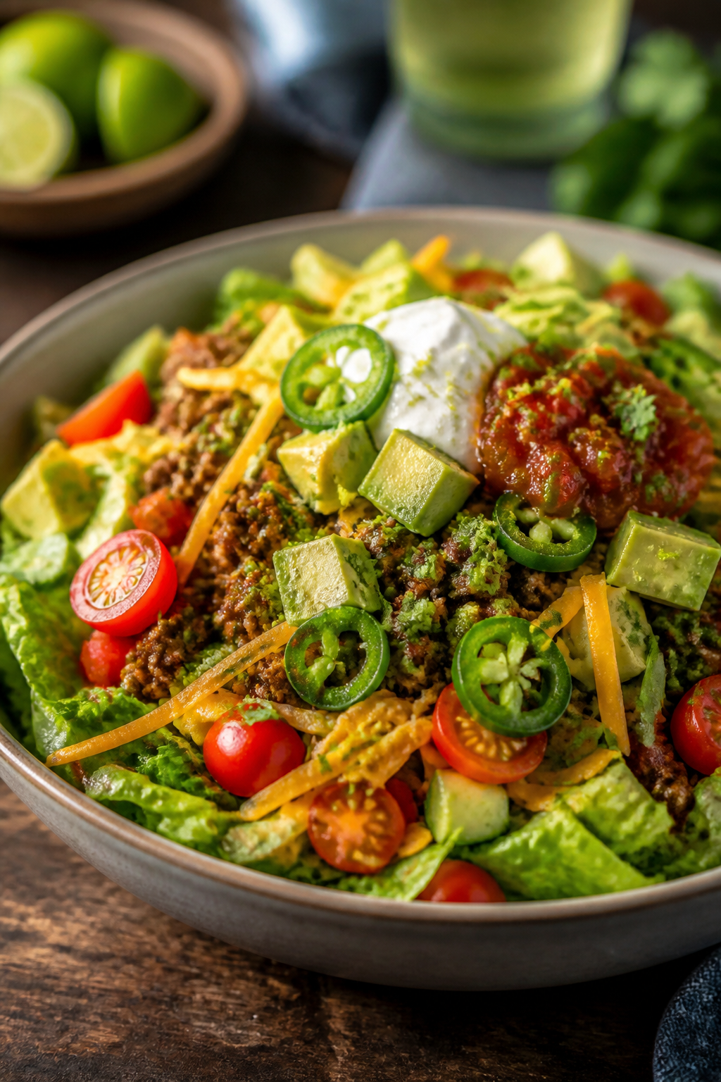 Final plated dish — Close-up beauty shot of the finished keto beef taco salad just before serving: