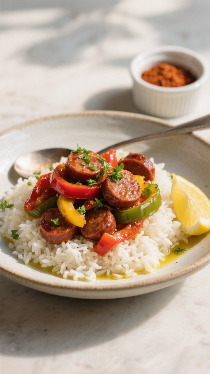 Final plated dish, comfort style: Beautifully plated Cajun Sausage & Peppers spooned over fluffy whi