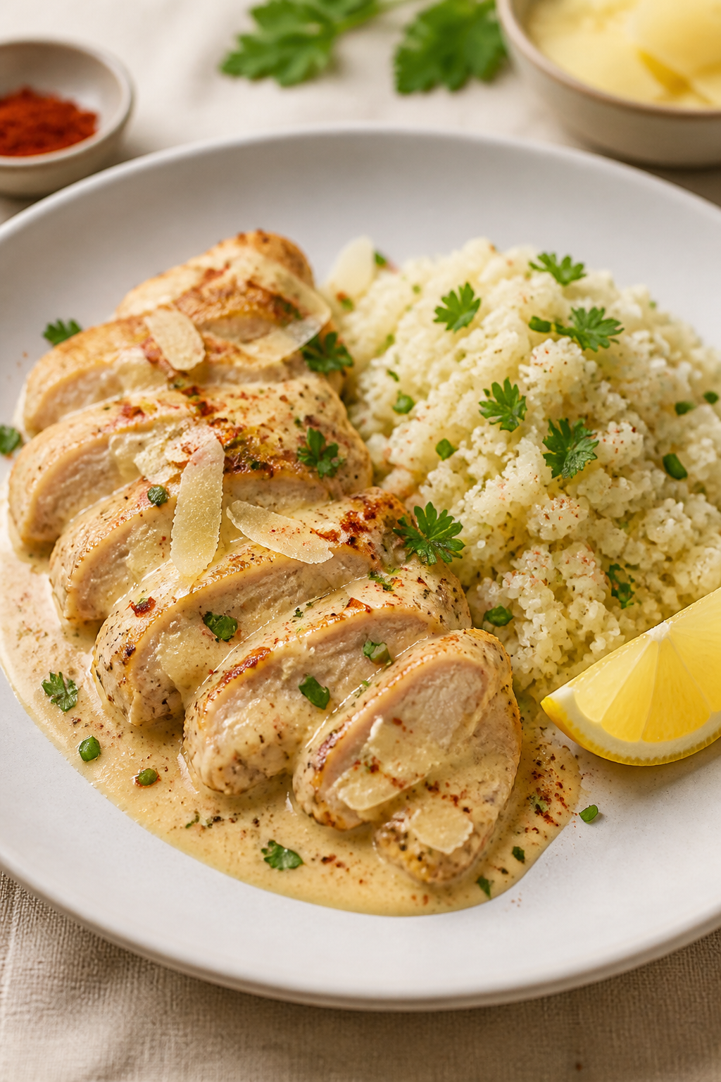 Final plated dish: Creamy Garlic Chicken served on a wide, matte white dinner plate with a neat moun