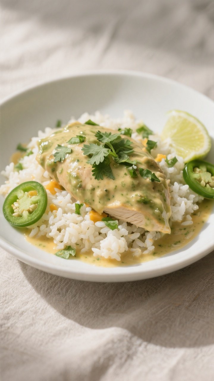 Final plated dish: Keto Creamy Green Chile Chicken spooned over fluffy cauliflower rice in a wide, s