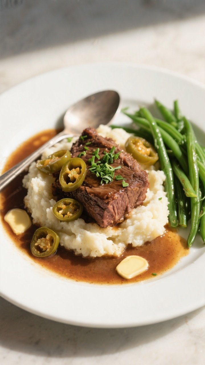 Final plated dish: Mississippi Pot Roast elegantly plated over creamy cauliflower mash on a matte wh
