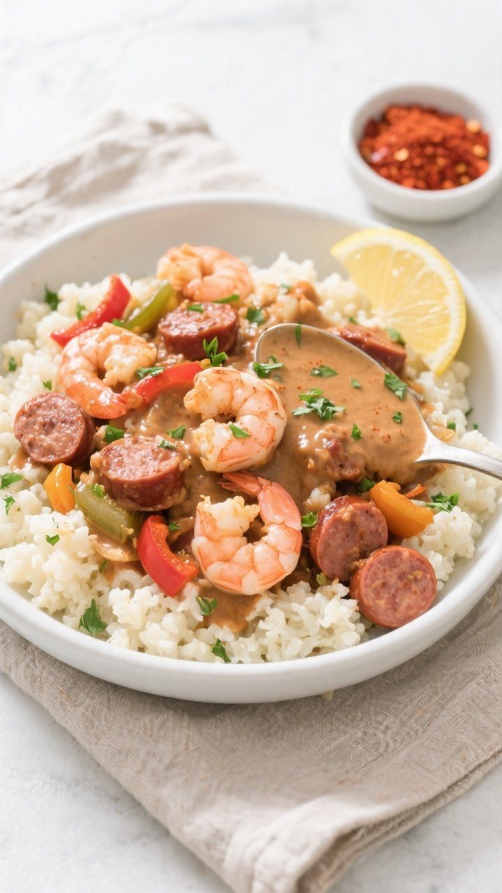Final plated dish overhead — Keto Crockpot Cajun Sausage & Shrimp served over fluffy riced caulifl