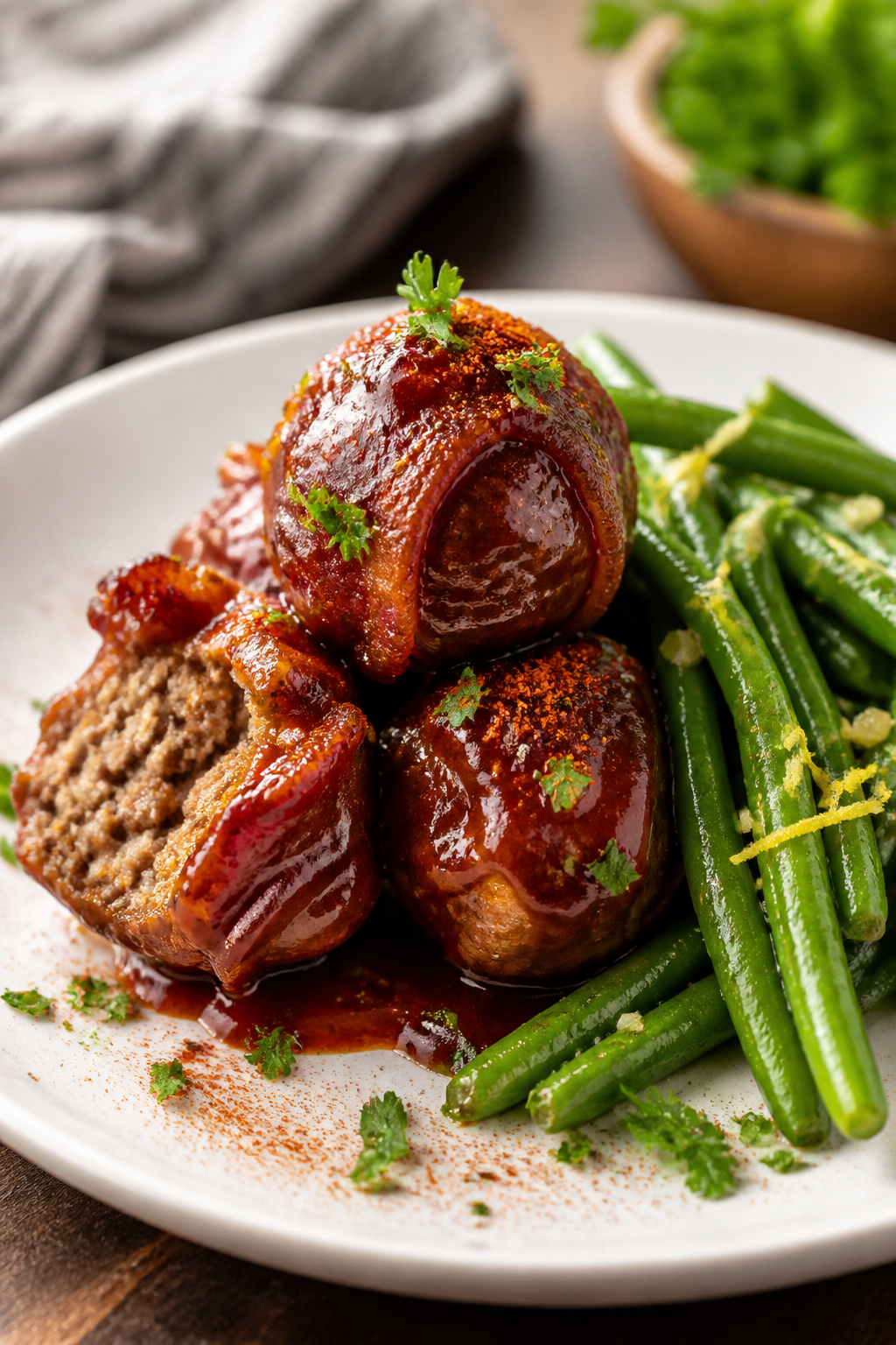 Final plated dish presentation: beautifully styled keto BBQ bacon meatballs (3–4 pieces) stacked o