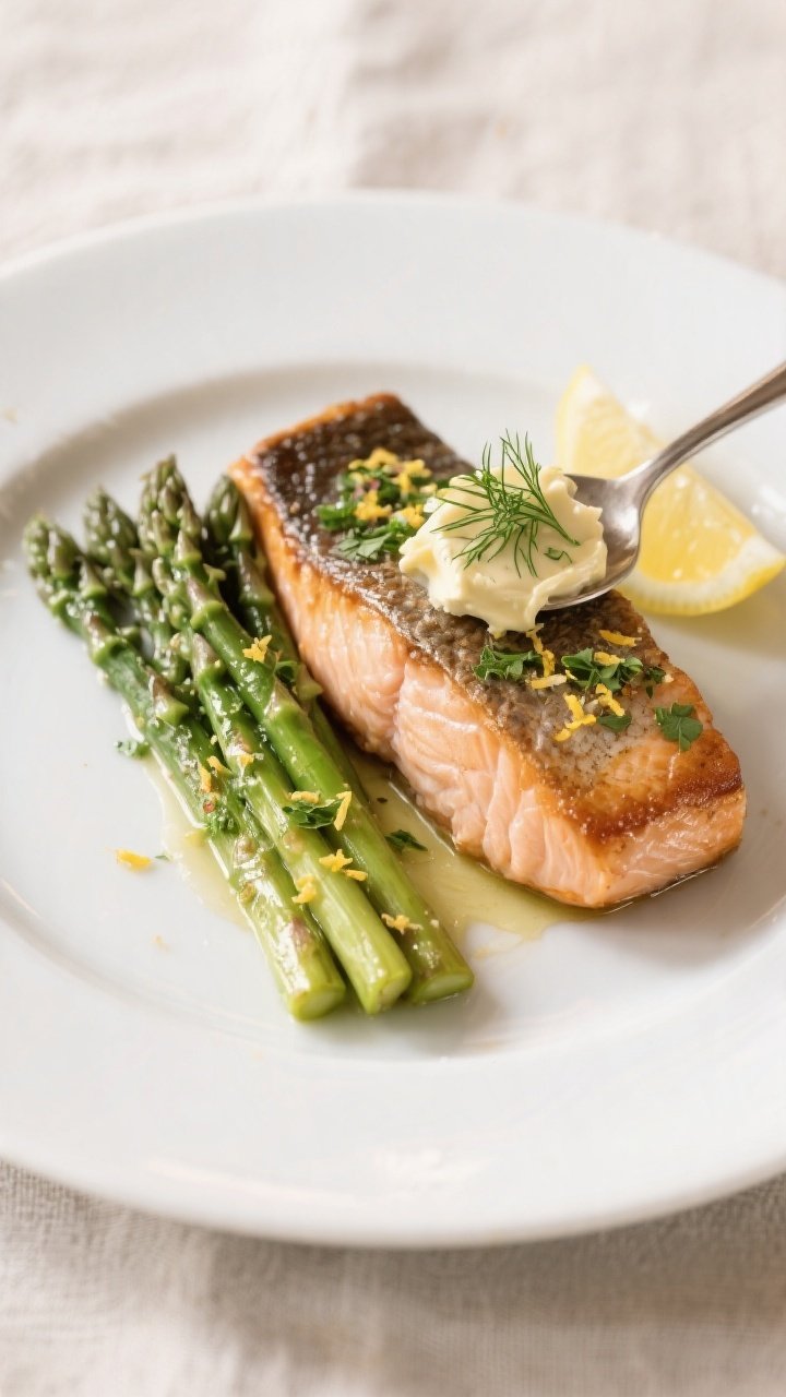 Final plated dish, restaurant-quality: Beautifully plated salmon fillet with a flaky, medium center