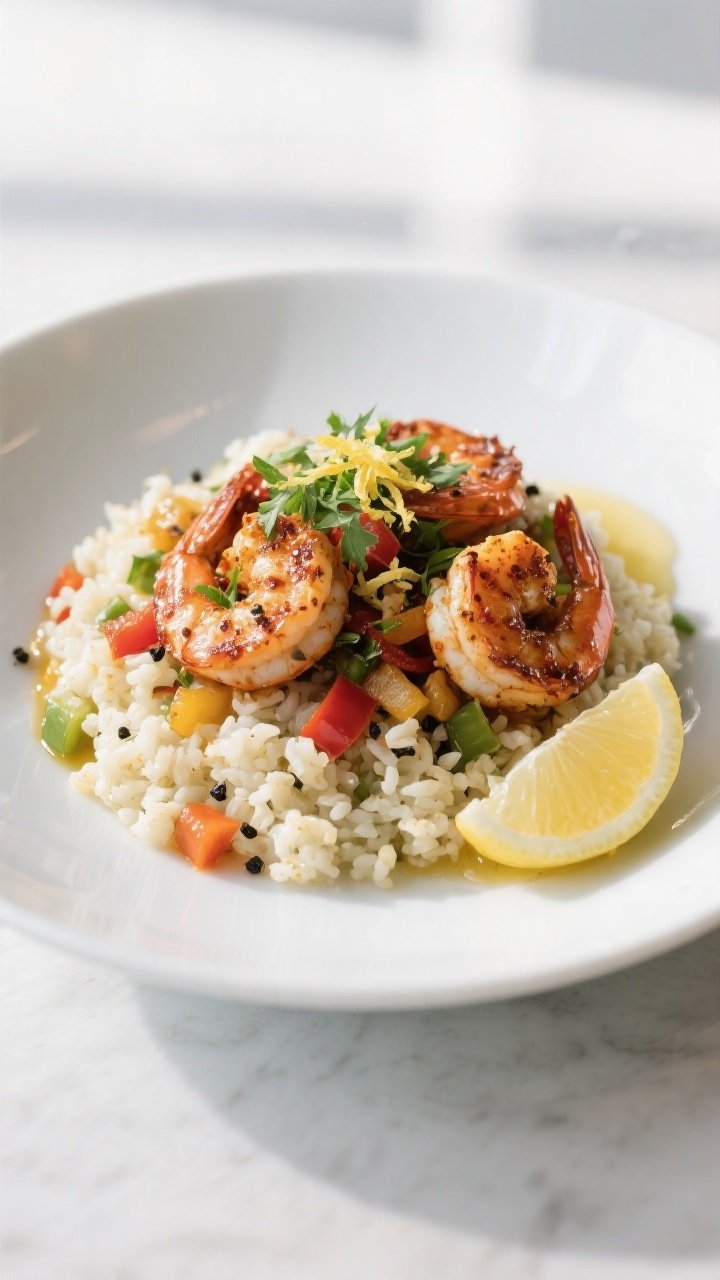Final plated dish, restaurant-quality: Beautifully plated Cajun Shrimp & Cauliflower Rice in a shall