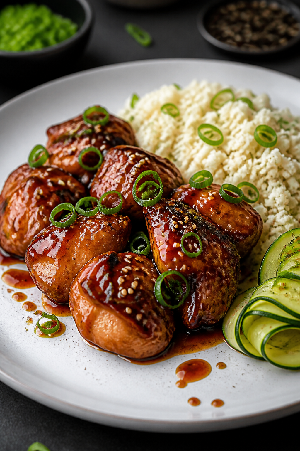 Final plated dish, restaurant-quality: Beautifully plated Keto Honey Garlic Chicken on a white ceram