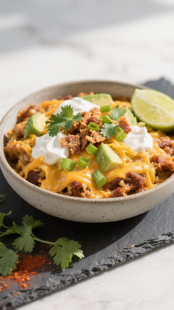 Final plated dish: Restaurant-quality bowl of Keto Loaded Taco Casserole served hot, topped generous