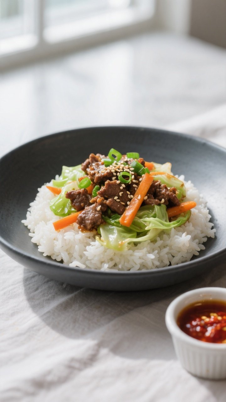 Final plated dish, restaurant-quality presentation: Ground Beef & Cabbage Stir Fry mounded over fluf